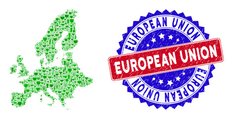 Vector collage of wine European Union map with grunge bicolor European Union seal. Red and blue bicolored seal with corroded style and European Union word.