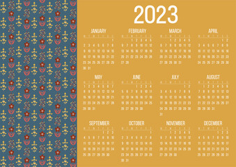 Calendar 2023. Vector, Scandinavian folk style. Flowers. Flat style.