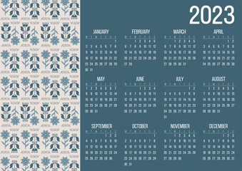 Calendar 2023. Vector, Scandinavian folk style. Flowers. Flat style.