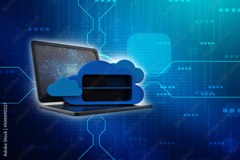 Poster 3d rendering cloud folder storage in laptop