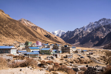 Photographie d'un village de haute montagne dans la vallée du Langtang au Népal