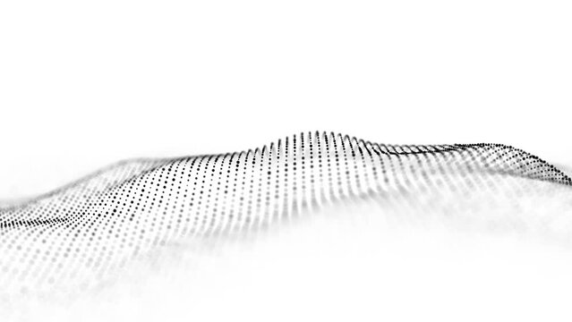 Abstract white wave with moving dots. Flow of particles. Cyber technology illustration. 3d rendering.