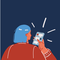 Cartoon vector illustration of woman holding and using smart phone screen. Rear view