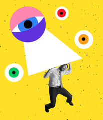 Contemporary art collage. Businessman standing under pressure of many eyes makng influence isolated...