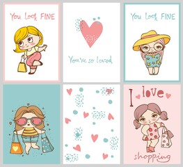 Cards with cute fashion girsl with packages and hand drawn lettering - I love shopping