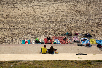Grupo de personas en la playa tomando el sol.