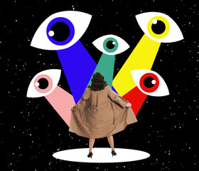 Contemporary art collage. Young woman standing under many eyes looking and making influence isolated over black background. Social pressure