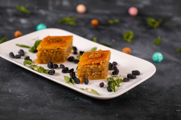 Traditional pakhlava baklava pastry. Plate with pakhlava as Novruz Holiday. 