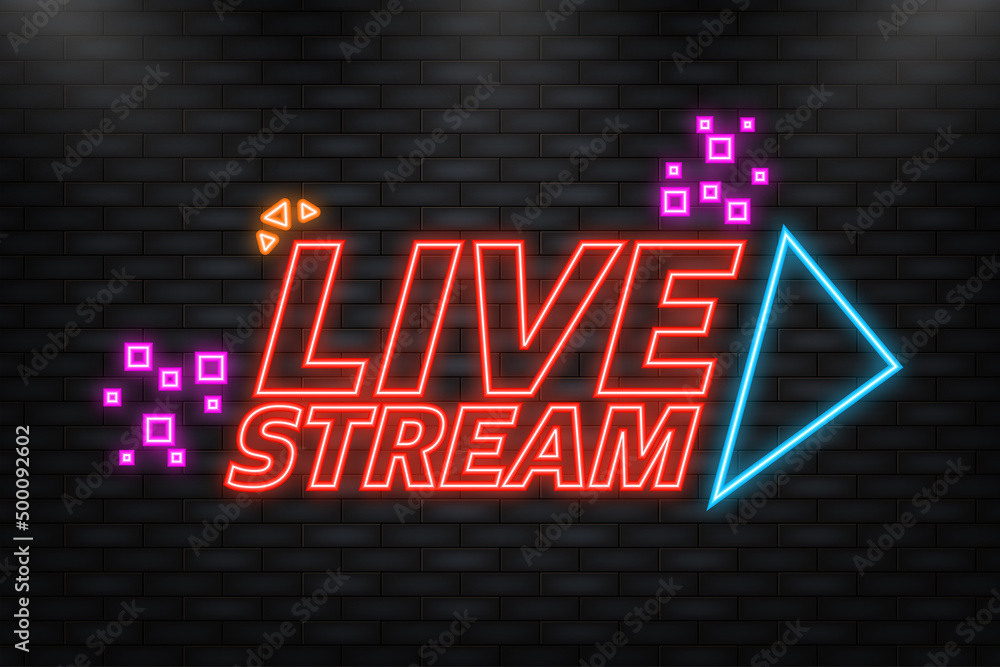 Poster neon icon. live stream logo - red vector design element with play button for news and tv or online b