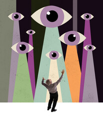 Contemporary art collage. Senior man suffering from social pressure. Many eyes looking and making...