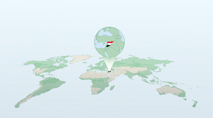 World map in perspective showing the location of the country Syria with detailed map with flag of Syria.