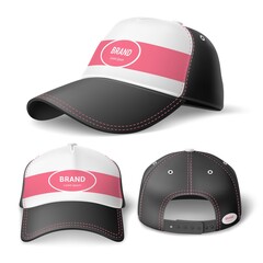 Baseball cap design. Realistic uniform or sports headgear mockup for branding. Embroidered hat with visor. Head wearing element. Different view angles. Vector unisex headdresses set