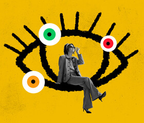 Contemporary art collage. Young stylish woman sitting on big drawn eye symbolizing social pressure isolated over yellow background