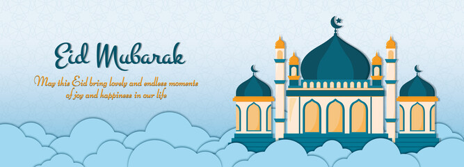 Animated Eid mubarak banner islamic background in cartoon decoration vector illustration design