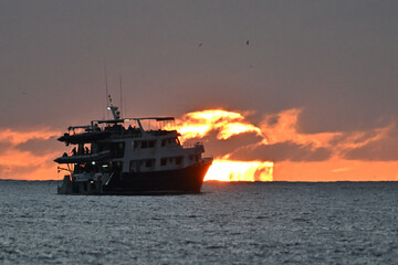 Dive charter boat anchored at sunset.