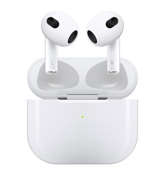 White wireless headphones Apple AirPods series 3, on white background. Realistic vector illustration