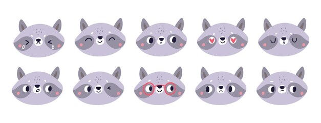 Funny raccoon emoji stickers. Cartoon forest character. Little forest animal faces. Different emotions. Positive and negative mood. Happy or sad snouts. Vector muzzle emoticons set