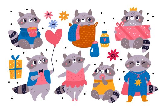 Funny raccoon. Cute beasts in clothes. Cartoon wildlife characters with gift, balloon and donut. Forest animals poses and actions. Ballerina and superhero. Vector woodland mammals set