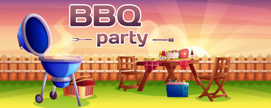 BBQ Party Cartoon Banner Or Invitation. Barbecue Picnic In Outdoor Backyard With Cooking Grill Meat, Food And Drink On Table. Hot Grilled Steak On Fire On Green Summer Lawn In Home Yard On Sunset.