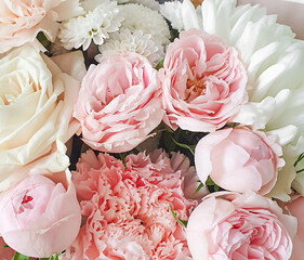 Summer blossoming delicate flowers on blooming background, pastel and soft bouquet