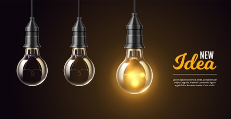 Realistic light bulbs idea poster. Glow lamp. Creative and inspiration energy. Electricity objects. Business insight. Lightbulb classical shape. Hanging on wire lantern. Vector concept - obrazy, fototapety, plakaty