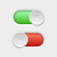 Realistic on and off button. 3D switches. Web interface design elements. Red and green sliders. Different positions. Dashboard toggles. UI turn icons. Panel regulator. Vector concept