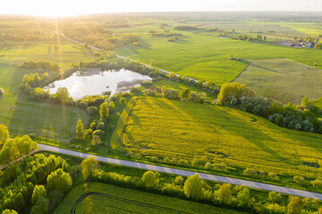 Distant Aerial View on Farmland with Rapeseed Fields and Pond on Sunny Spring Evening.
