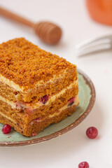 A piece of a honey cake with red berries, on white background. Orange colored cake