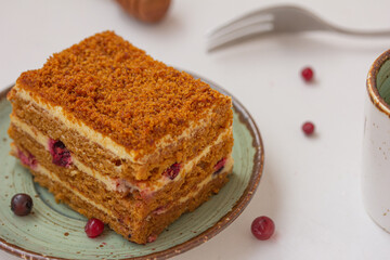 A piece of a honey cake with red berries, on white background. Orange colored cake..