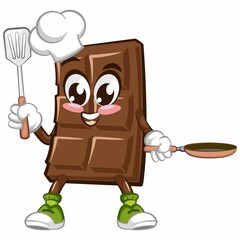 Cute chocolate bar character with funny face being chef, cartoon vector illustration isolated, funny chocolate character, mascot, emoticon