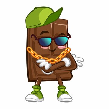 Cute Chocolate Bar Character With Funny Face Being Rapper With Gold Chain Necklace, Cartoon Vector Illustration Isolated, Funny Chocolate Character, Mascot, Emoticon