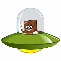 Cute chocolate bar character with funny face on alien aircraf, cartoon vector illustration isolated, funny chocolate character, mascot, emoticon