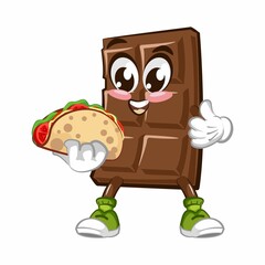 Cute chocolate bar character with funny face eating taco, cartoon vector illustration isolated on white background. Funny chocolate character, mascot, emoticon