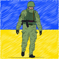 Vector image of a Ukrainian soldier in a cash register and body armor with an AK-47, against the background of the Ukrainian flag. Support Ukraine.