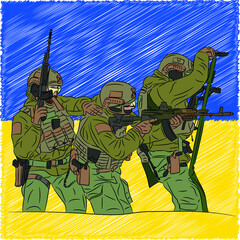 Vector image of a Ukrainian soldier in a cash register and body armor with an AK-47, against the background of the Ukrainian flag. Support Ukraine.