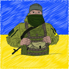 Vector image of a Ukrainian soldier in a cash register and body armor with an AK-47, against the background of the Ukrainian flag. Support Ukraine.