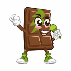 Cute chocolate bar character with funny face being pop rock singer, cartoon vector illustration isolated, funny chocolate character, mascot, emoticon
