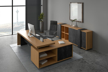 3D render interior office room . Office desks and office chairs .