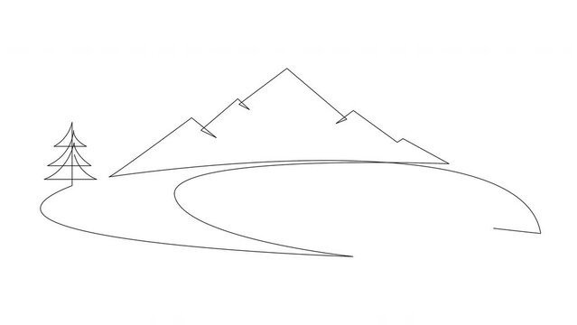 Self drawing animation of mountain landscape with river. Minimalistic continuous one line drawing. 4k.