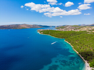 Croatia. Summer. Tourist season. Sunny day. Coast of the Adriatic Sea. Drone. Aerial view