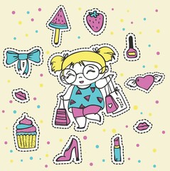 Card with cute fashion girl with packages and hand drawn lettering - I love shopping