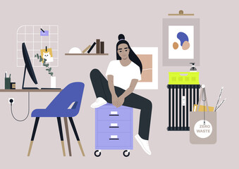 A young female Asian character sitting on a file cabinet with drawers, a dorm or home office interior
