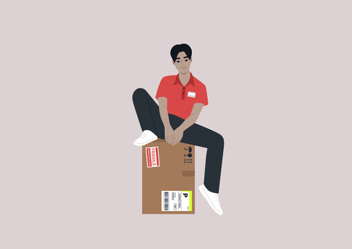 A Young Male Asian Courier Sitting On A Parcel With Stickers, Delivery Service