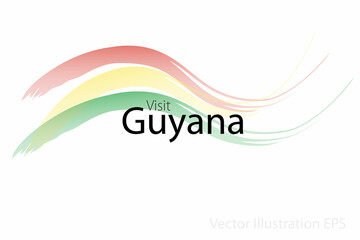 the slogan visit Guyana with curved waves in watercolor style which are in the colors of the national flag. Vector Illustration