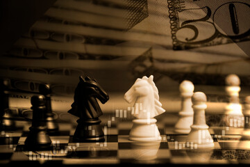 Business strategy competitive ideas concept, Chess game on chess board behind business background....