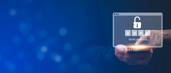 Hand and Smartphone with scan the protection system cyber security, Login,User, identification information security and encryption, secure access to user's personal information, secure Internet access
