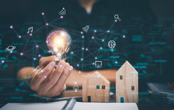 thinking and creative concept, Close up light bulb and working on the desk, Creativity and innovation are keys to success.Concept of new idea and innovation with Brain and light bulbs, working at home