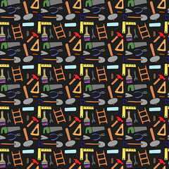Colored seamless construction tools pattern. Doodle vector with construction tools icons. Vintage construction tools icons