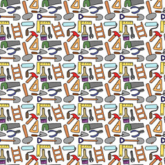 Colored seamless construction tools pattern. Doodle vector with construction tools icons. Vintage construction tools icons