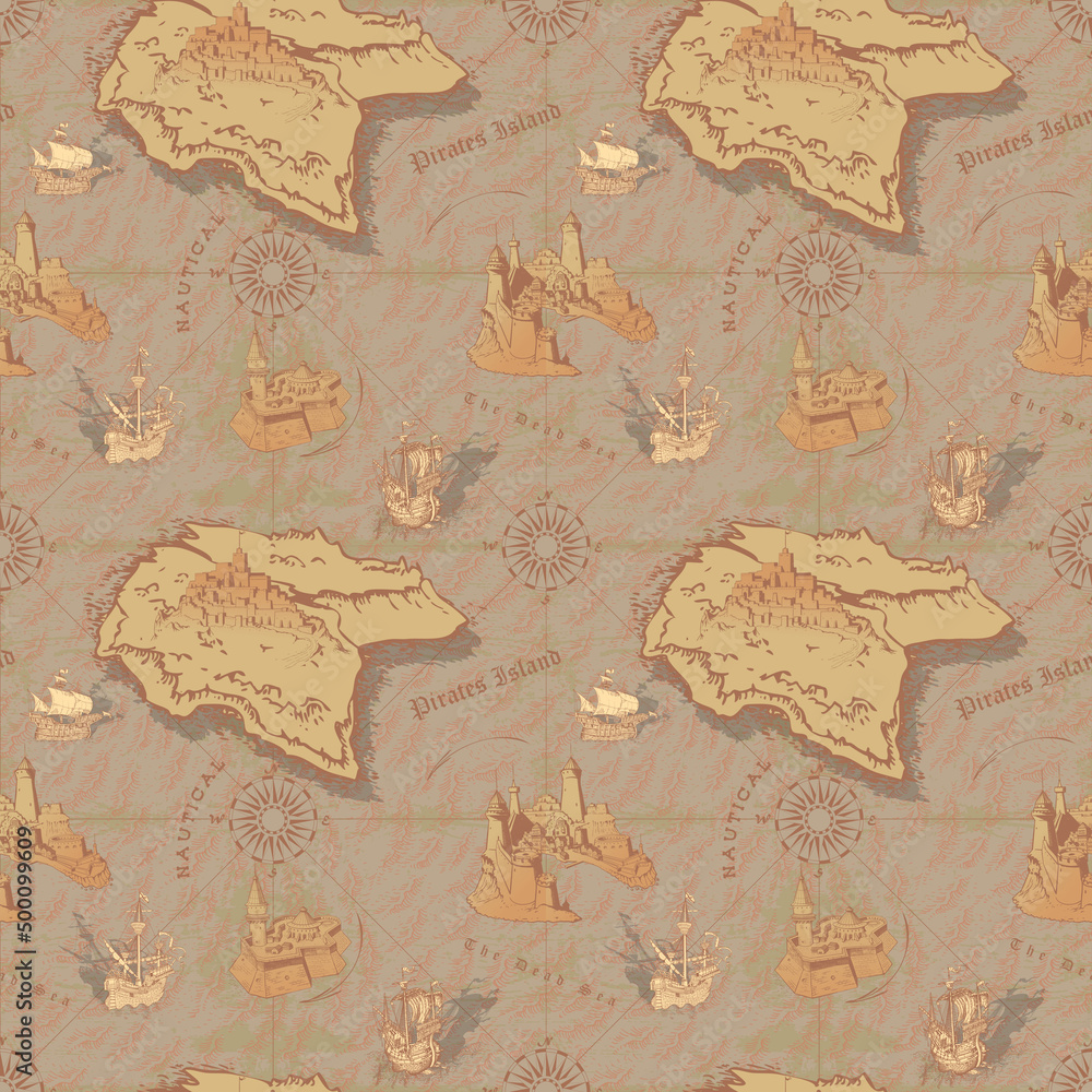 Poster vector image of a seamless texture in the style of a medieval nautical record of the captain's diary